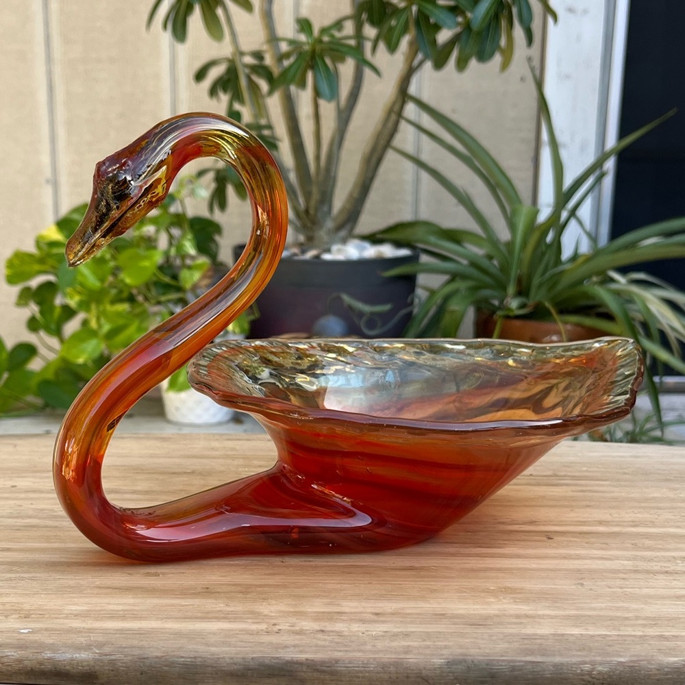 Vintage Canadian Art Glass Orange/Clear Swirl Blown Glass Swan Dish